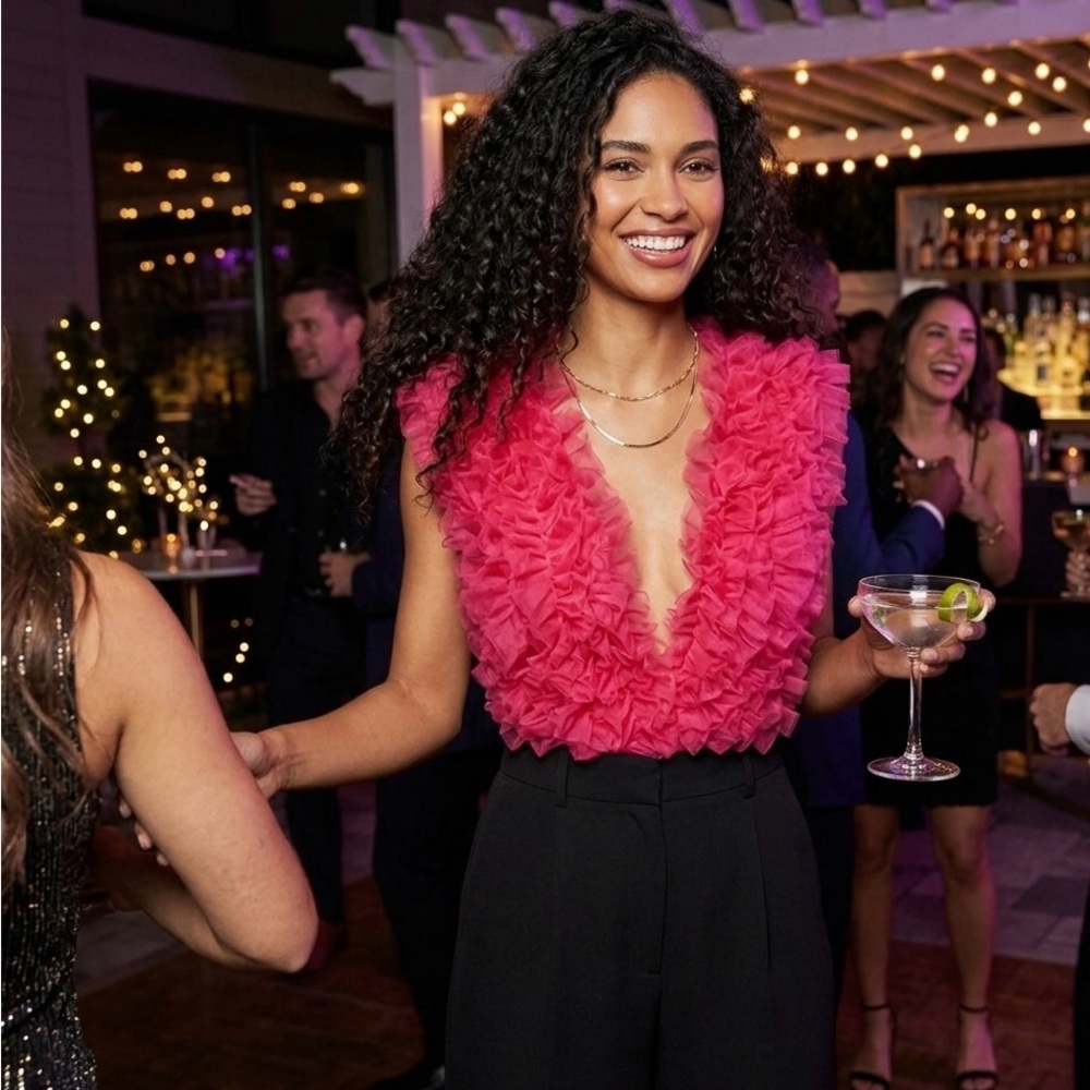 Hot Pink Ruffle Tulle Deep V Bodysuit - NWT